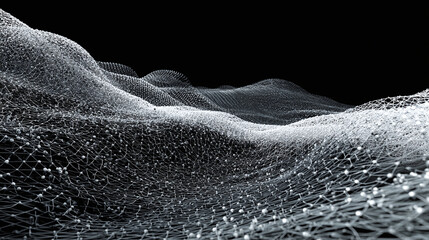 Abstract representation of a digital mesh network, interconnected with nodes, resembling a landscape