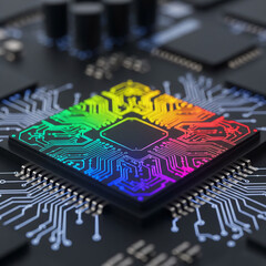 A vibrant, rainbow-colored central processing unit glowing on a dark, futuristic circuit board.