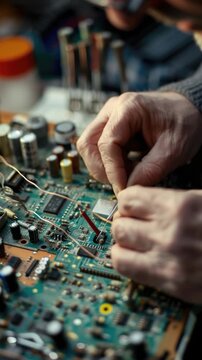 A close-up shot of someone repairing or building an electronic circuit board