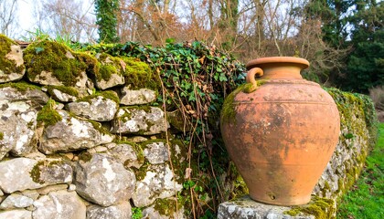 Rustic terracotta pot by a mossy stone wall