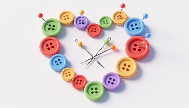 Colorful sewing buttons arranged in a heart shape with sewing needles isolated on white background