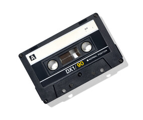 Compact audio cassette, top view, isolated on transparent background. Retro nostalgia concept, vintage analog music technology, 1980s style