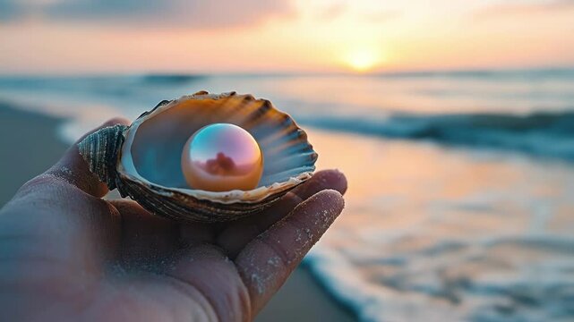 Hand holding open shell with pearl at sunset beach ocean waves reflection