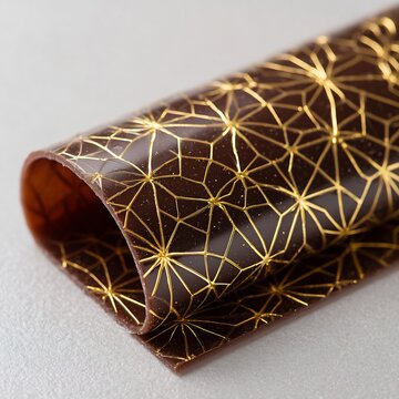 Delicate chocolate transfer sheet with a gold geometric pattern on cocoa butter before use isolated on a plain background