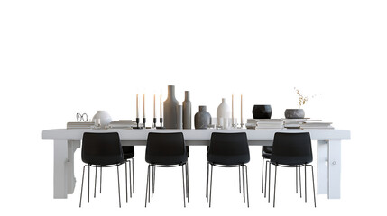Dining table with black chairs and decorative vases isolated on transparent background.