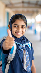 Happy young Muslim schoolgirl in uniform gives a thumbs up gesture.