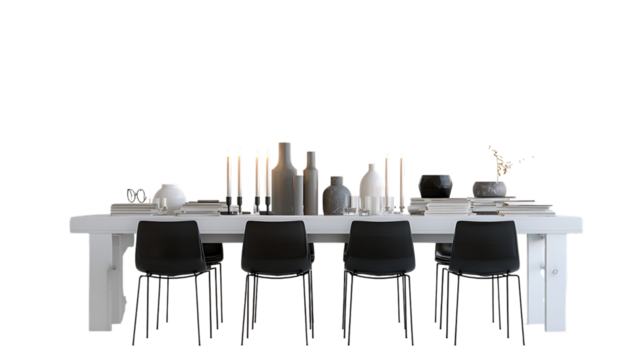 Dining table with black chairs and decorative vases isolated on transparent background. - Powered by Adobe