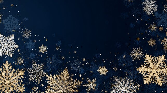 Elegant navy blue christmas background with sparkling snowflakes, shimmering gold sequins, festive glitter, and luxurious holiday design perfect for winter celebration, greeting cards, invitations, an