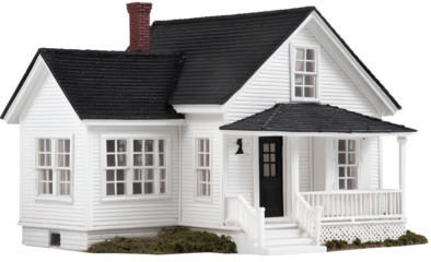 New brick house with windows and garage on white background