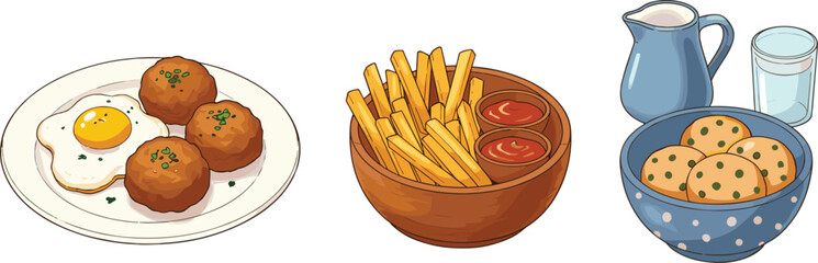 Delicious breakfast meal illustration with fried egg, meatballs, french fries, cookies, milk jug, tasty snack and food concept