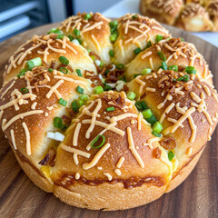 A freshly baked savory pull-apart bread loaf topped with shredded cheese, green onions, and crispy fried onions on a wooden board.