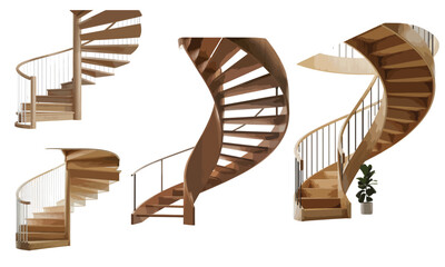 Collection of diverse spiral wooden staircases isolated.