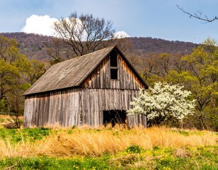 Rustic wooden barn in a spring meadow
