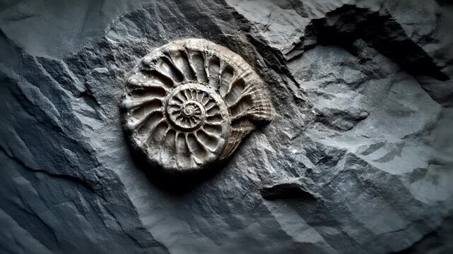 A closeup of a fossilized ammonite on a rock surface.