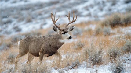 Mule Deer Wyoming. Large Mule Deer with Snowy Wyoming Landscape in Fall