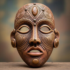 An ornate and symmetrical tribal mask with intricate carvings and patterns, resting on a wooden surface.
