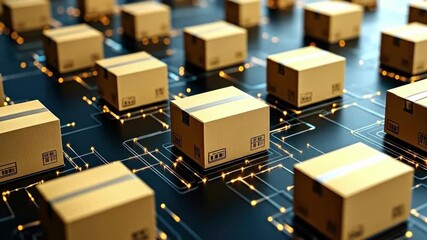Network of connected cardboard boxes on digital circuit background - Powered by Adobe