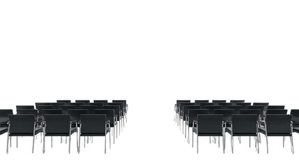 Rows of black chairs facing forward isolated on transparent background.