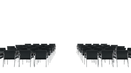 Rows of black chairs facing forward isolated on transparent background.