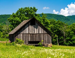 Rustic wooden barn nestled in a verdant valley