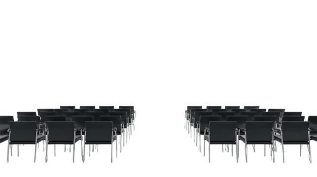 Rows of black chairs facing forward isolated on transparent background.