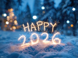 Happy new year 2026 written in sparklers on a snowy winter night