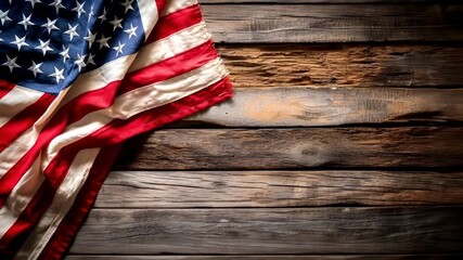 A closeup of an American flag on a rustic wooden surface. The flags colors are vibrant, with red and white stripes and blue field with white stars. The texture of the flags fabric is visible. - Powered by Adobe