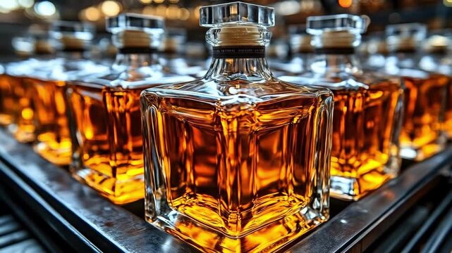 Row of elegant glass whiskey bottles with golden liquid on display