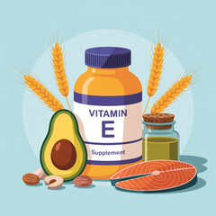 A flat design illustration of vitamin E supplements and healthy foods arranged on a light blue background.