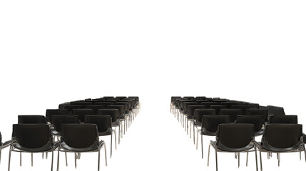 Rows of black chairs arranged neatly isolated on transparent background.
