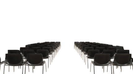 Rows of black chairs arranged neatly isolated on transparent background.