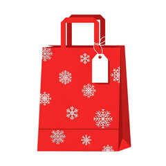 Festive red gift bag with snowflakes and tag for holidays