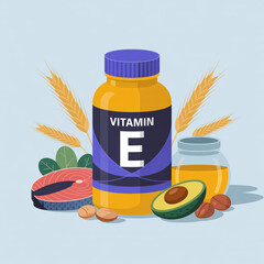 A flat design illustration of vitamin E supplements and healthy foods arranged on a light blue background.
