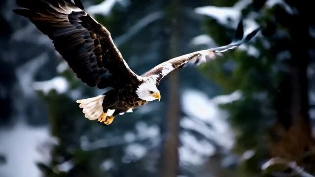 A vivid portrayal of a bald eagle in midflight against a backdrop of a snowy forest. The eagles wings are spread wide, showcasing its impressive size and detailed feather patterns.