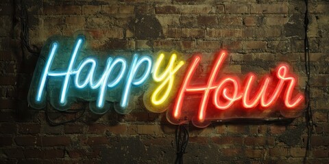 Neon Happy Hour. Advertising Bar Sign on Brick Wall for Cocktail Lounge Establishment