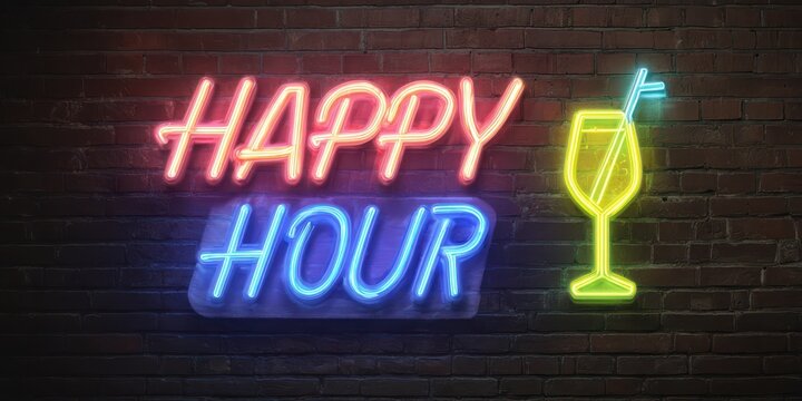 Neon Happy Hour. Advertising Bar with Colorful Cocktails in Liqueur Establishment