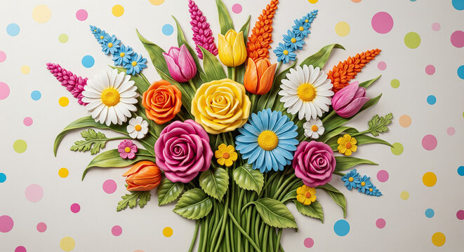 Playful Bouquet of  Flowers in 3D Mural Relief Wallpaper, 3D Wall Mural. floral landscapes. 3d floral art, floral wallpaper, Luxurious textile tile wall art