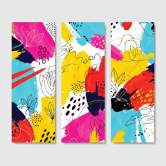 Obraz premium Vector illustration of abstract colorful background with dynamic brush strokes, splatters, and organic shapes in pink, yellow, blue, and red, creating a vibrant artistic composition