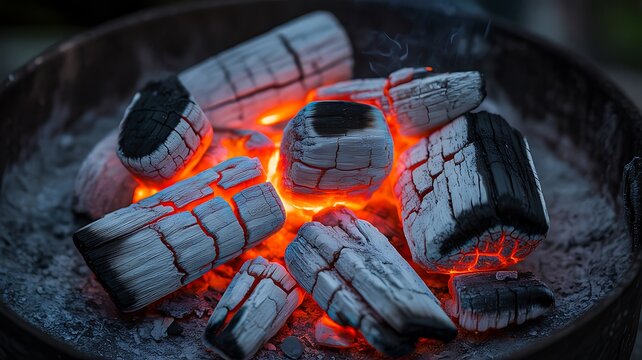 Close up of burning charcoal with glowing embers and heat texture
