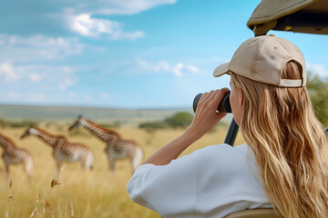 Wildlife safari adventure with giraffes in african grasslands