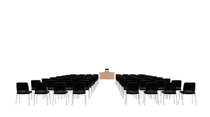 Auditorium with rows of chairs facing a stage isolated on transparent background.