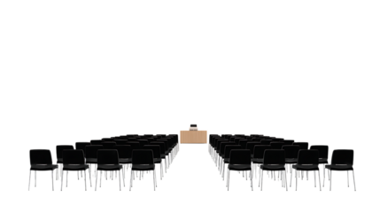 Auditorium with rows of chairs facing a stage isolated on transparent background.