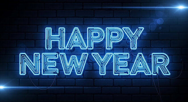 Bright blue neon sign wishing everyone a happy new year on a brick wall background