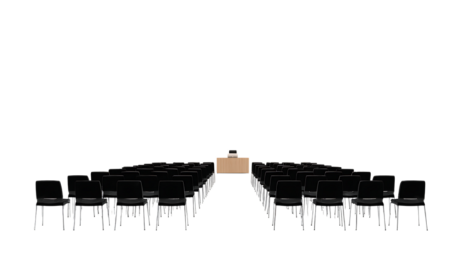 Auditorium with rows of chairs facing a stage isolated on transparent background.