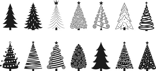 Set of decorative Christmas tree silhouettes, festive holiday design collection, black and white vector illustration, winter celebration, new year decoration