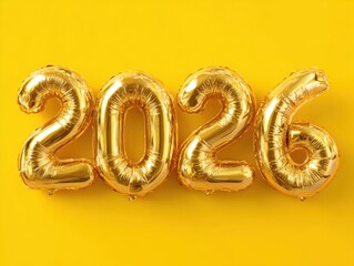 Golden 2026 balloons on a bright yellow background