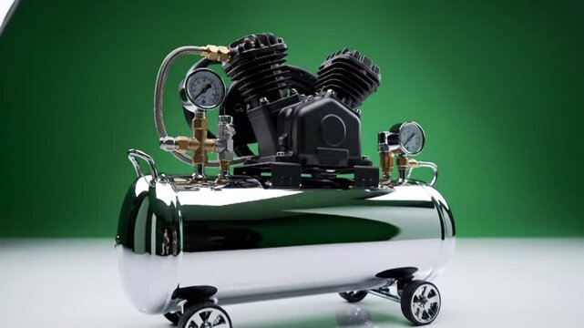 Professional studio footage of a portable air compressor with a chrome tank and wheels against a green screen.