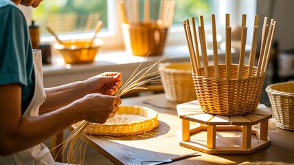 Craftsman weaving wicker basket by hand in workshop with warm natural light
