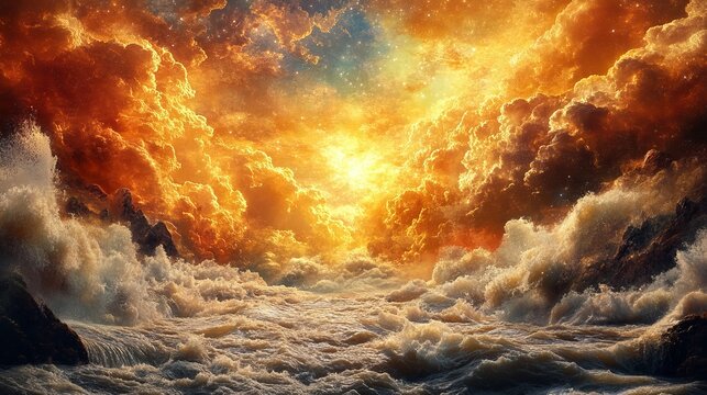 Turbulent water rushes dramatically toward the viewer under an expanse of vividly golden clouds and glowing celestial light.