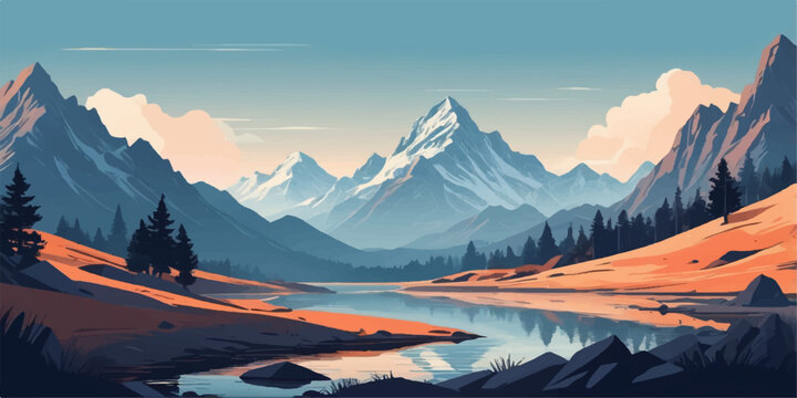 A stream flows down a white snowy mountain, soft white mountain range illustration with elegant light gradient for modern design.